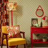 Roomset of vintage flower petal, geometric wallpaper in beige and mustard colourway