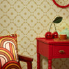 Roomset close-up of vintage flower petal, geometric wallpaper in beige and mustard colourway