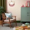 Roomset of vintage flower petal, geometric wallpaper in candy floss pink and cream