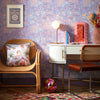 Roomset of contemporay 70s, mehndi design wallpaper in cool blue and purple colourway