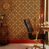 Roomset of 70s geometric wallpaper in earthy orange, chocolate and harvest gold colourway