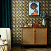 Roomset of vintage geometric wallpaper in walnut, teal and wasabi green colourway