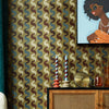 Roomset close-up of vintage geometric wallpaper in walnut, teal and wasabi green colourway