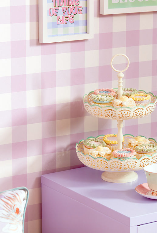 Roomset close-up of gingham wallpaper in lavender