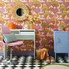 Roomset of tree wallpaper in olive green, earthy orange and grape colourway